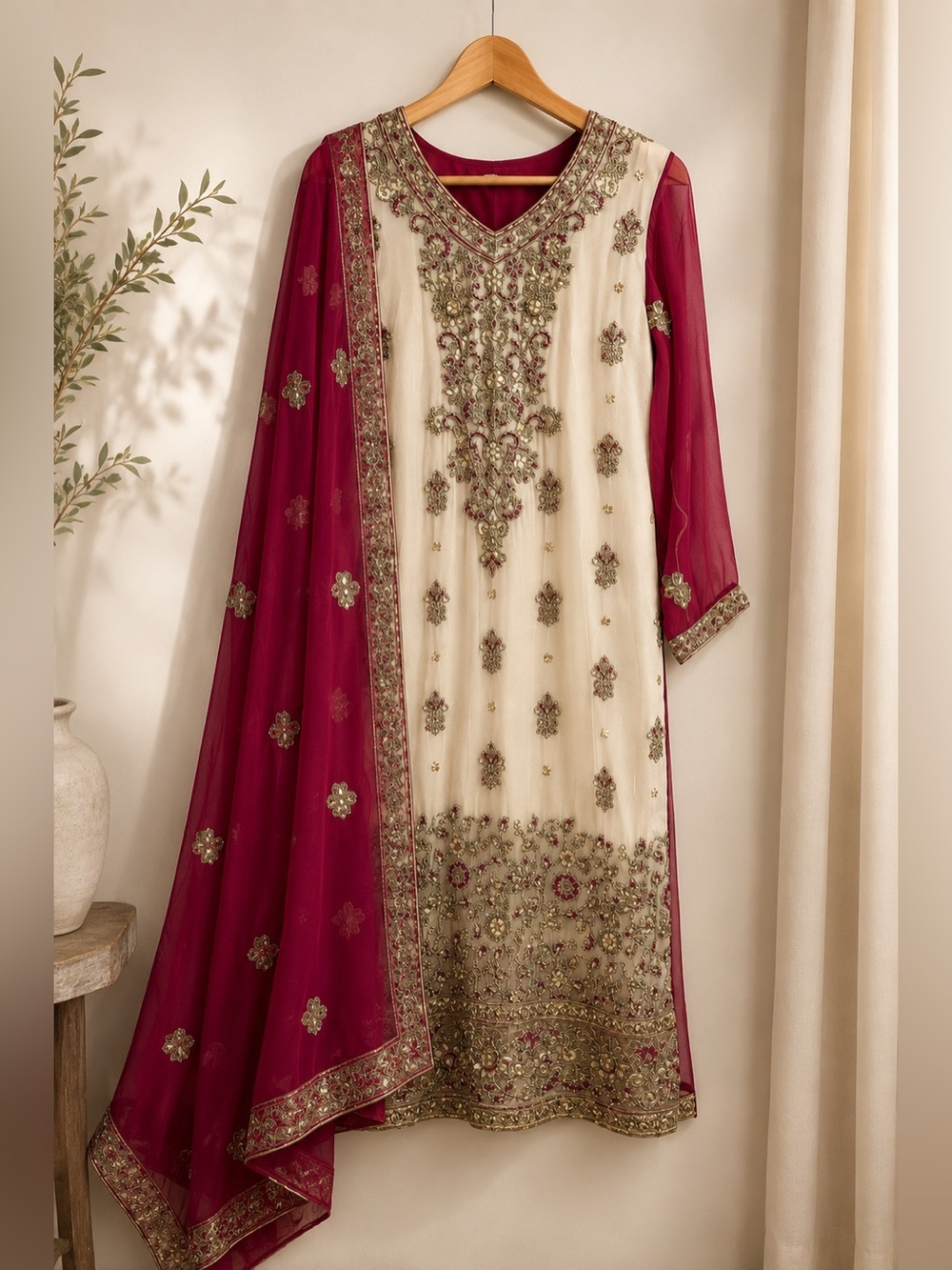 Pakistani Luxury Embellished Formal Dress | Cream & Red | Small | Wedding/Eid